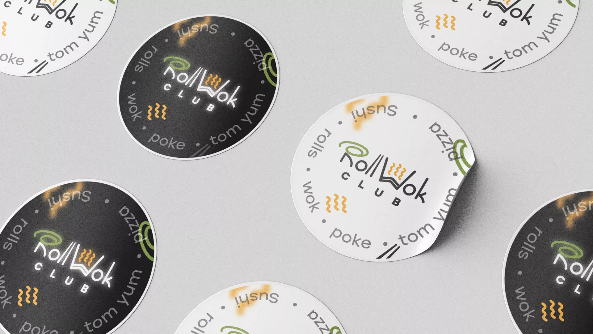 Разработка наклеек для суши-бара «Roll Wok Club» в Буе